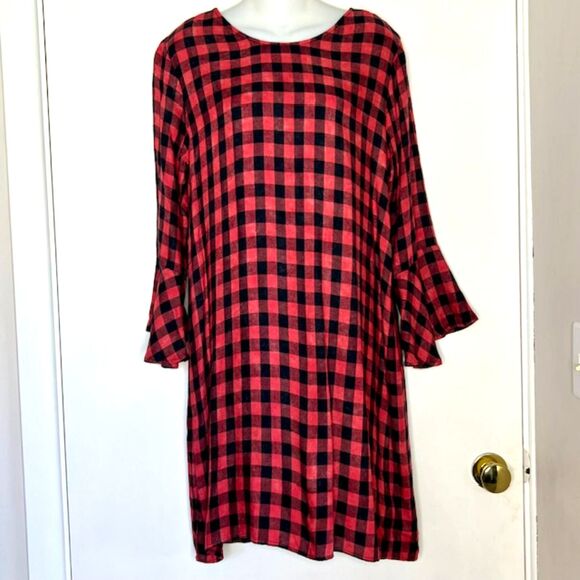 CLOTH & STONE ANTHROPOLOGIE BUFFALO PLAID SHIFT DRESS SIZE MEDIUM RUFFLED SLEEVE - Picture 3 of 11
